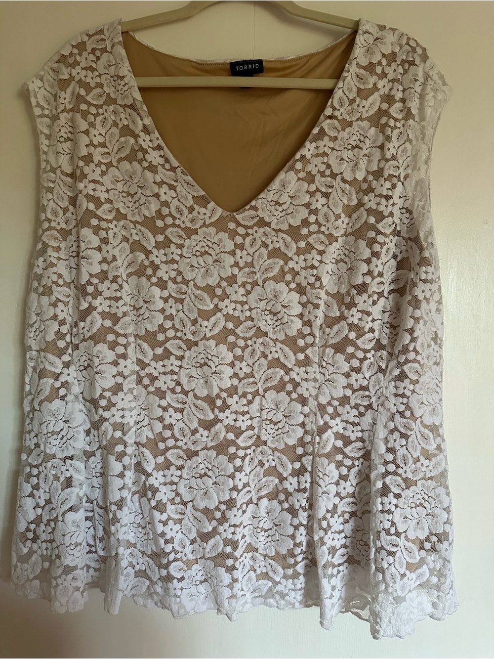 torrid White Lace Overlay V-Neck Blouse with Nude Lining